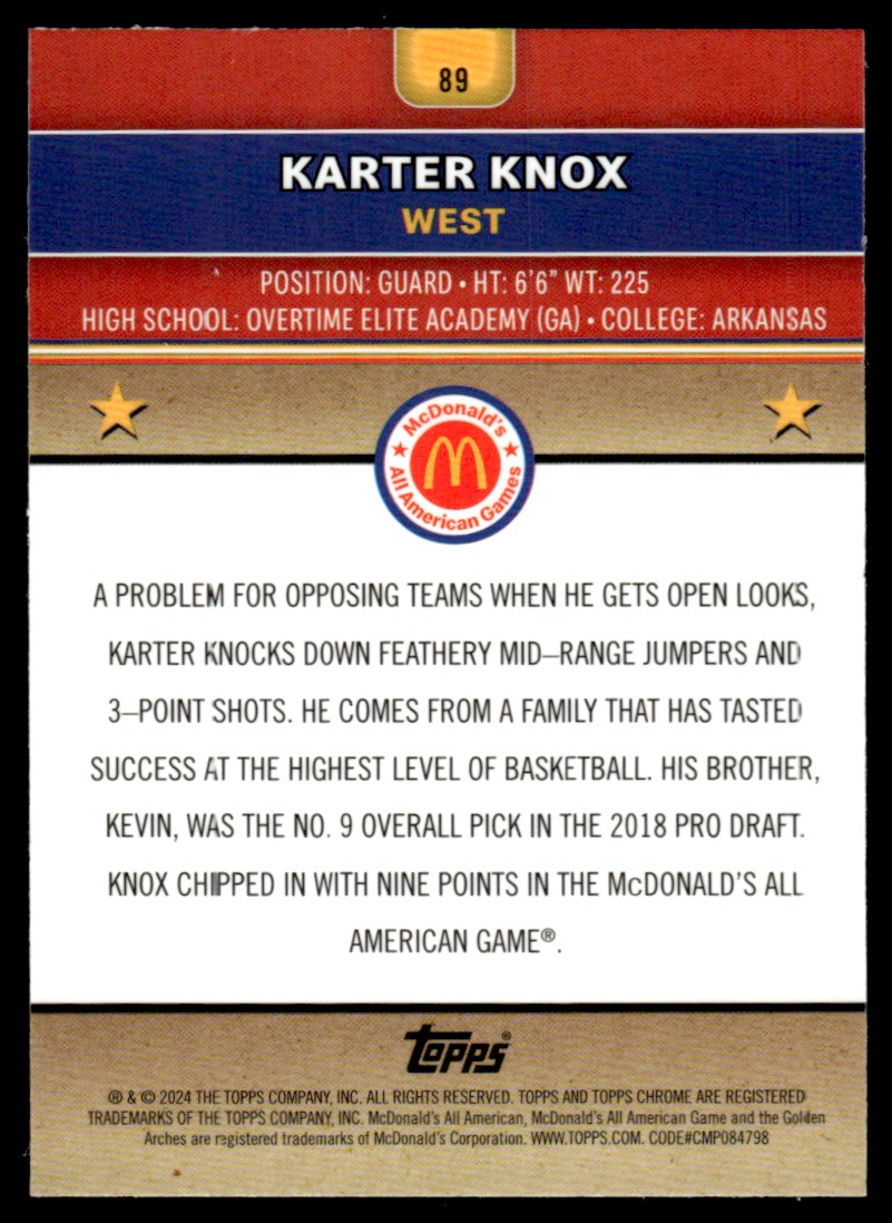 KARTER KNOX 2024-25 TOPPS CHROME MCDONALDS ALL AMERICAN #89 | eBay