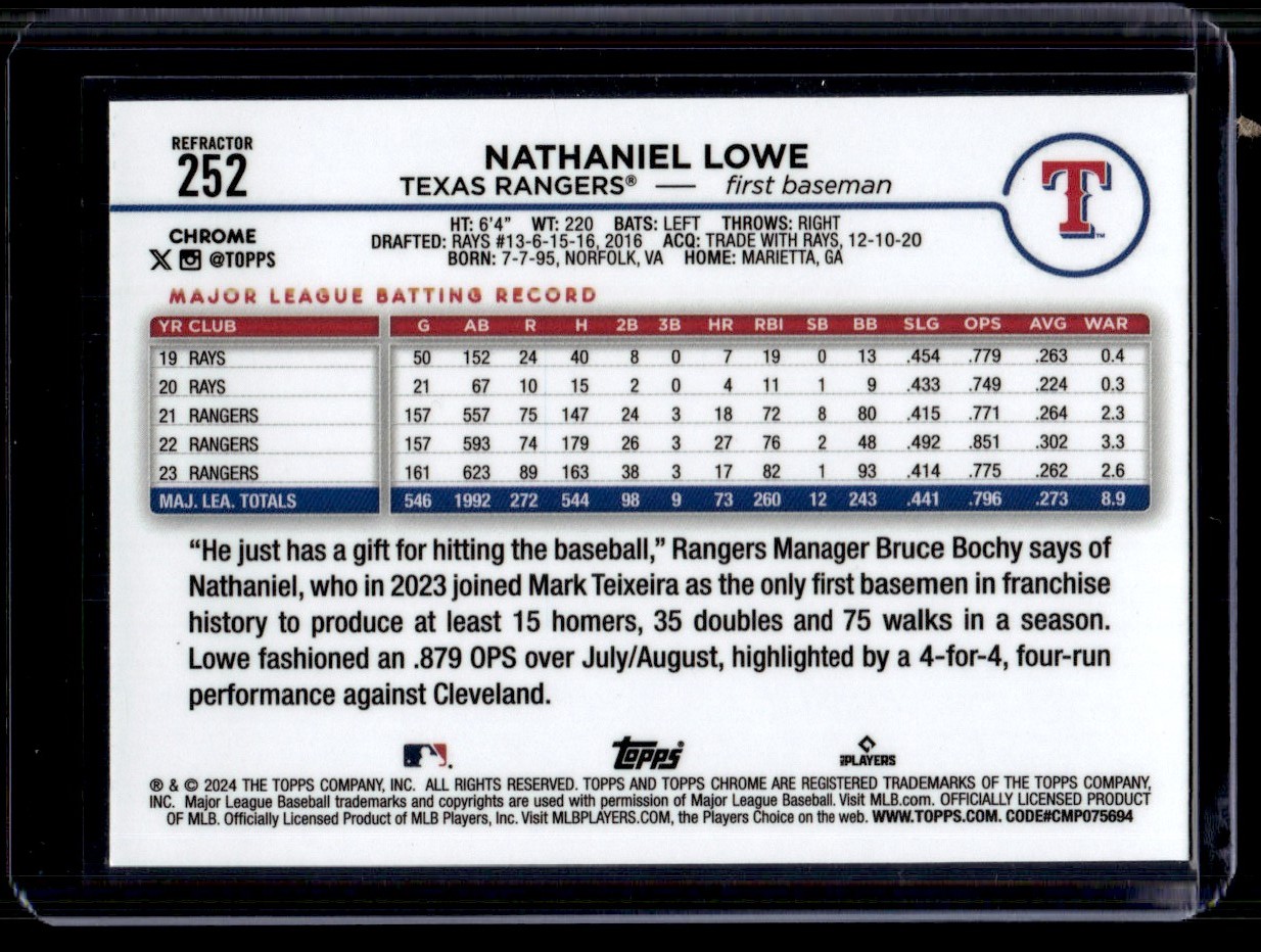 2024 Topps Chrome Refractor Nathaniel Lowe #252 card back image