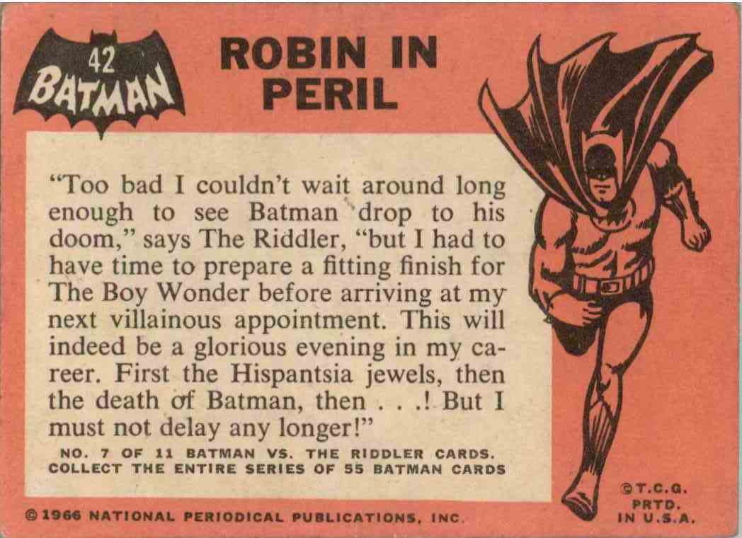 1966 Topps Batman Black Bat Robin In Peril #42 card back image