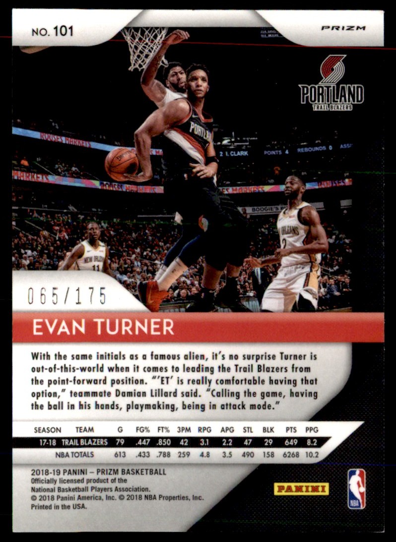 2018-19 Panini Prizm Prizms Fast Break Blue Evan Turner #101 card back image