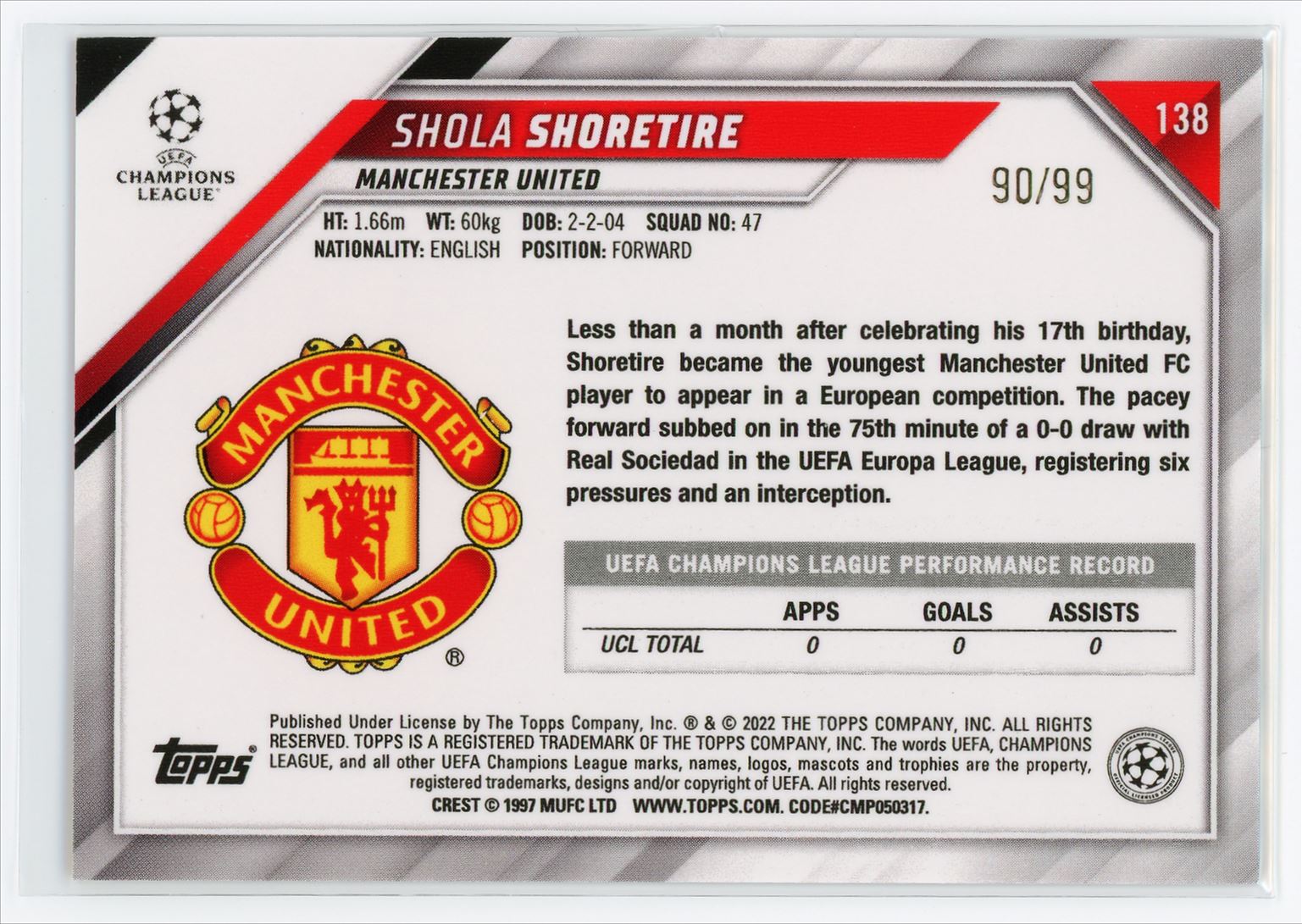 2022 Topps Chrome Sapphire UEFA Yellow #138 Shola Shoretire Rookie 90/99