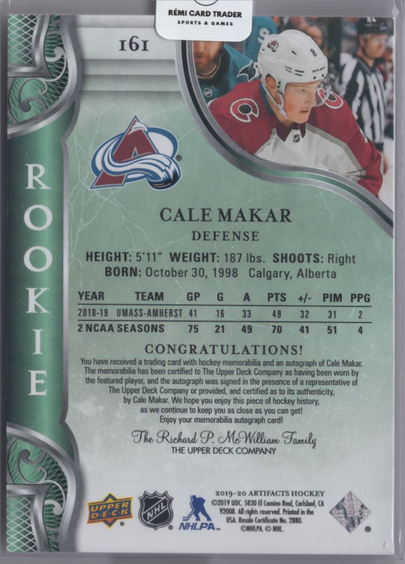 2019-20 Upper Deck Artifacts Rookie Dual Jersey Auto Cale Makar #161 card back image