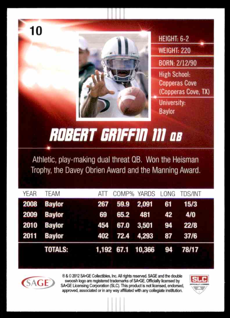 2012 Sage Hit Robert Griffin III #10 card back image