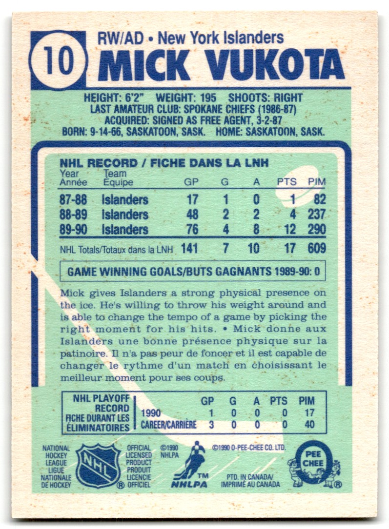 1990-91 O-Pee-Chee Mick Vukota #10 card back image