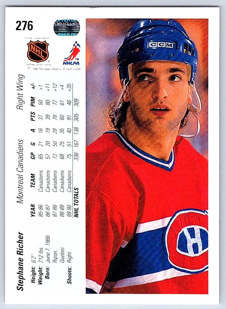 1990-91 Upper Deck Stephane Richer #276 card back image
