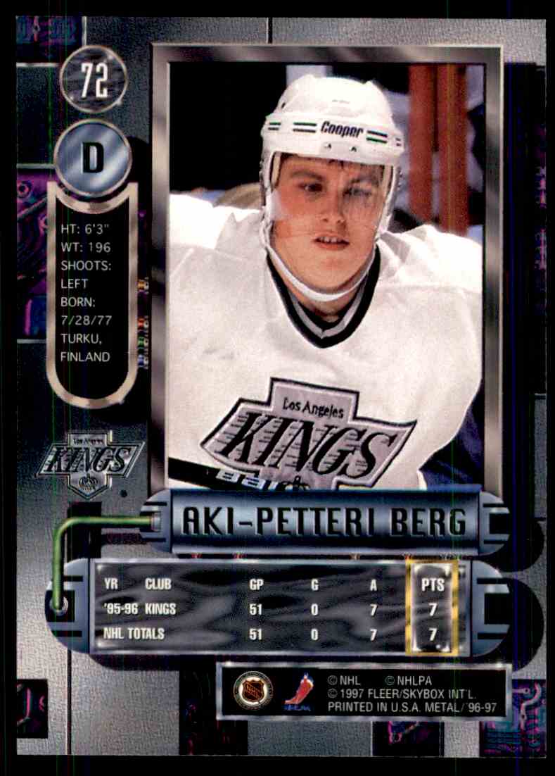 1991-92 Fleer Metal Universe Aki-Petteri Berg #72 card back image