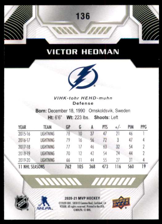 2020-21 Upper Deck MVP Victor Hedman #136 card back image