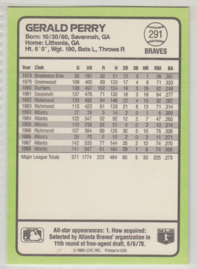 1989 Donruss Baseball's Best Gerald Perry #291 card back image
