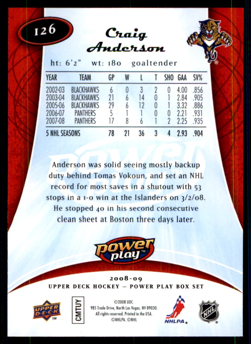 2008-09 Upper Deck Power Play Craig Anderson Florida Panthers #126