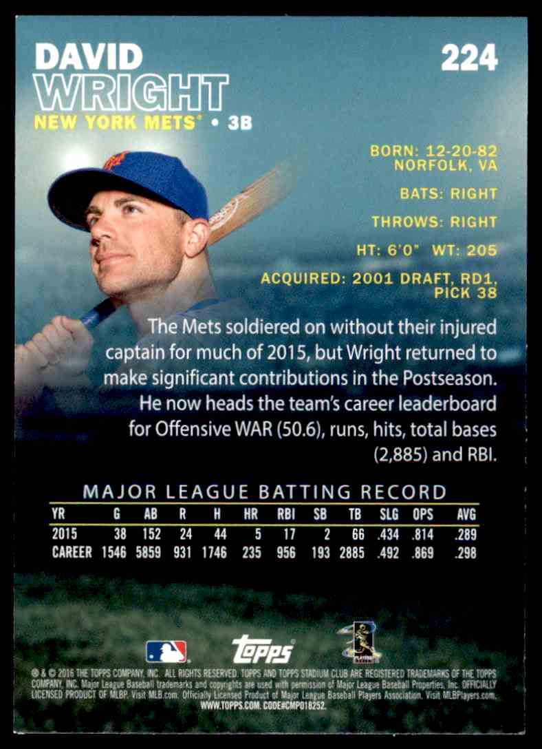 2016 Stadium Club David Wright, New York Mets #224 card back image