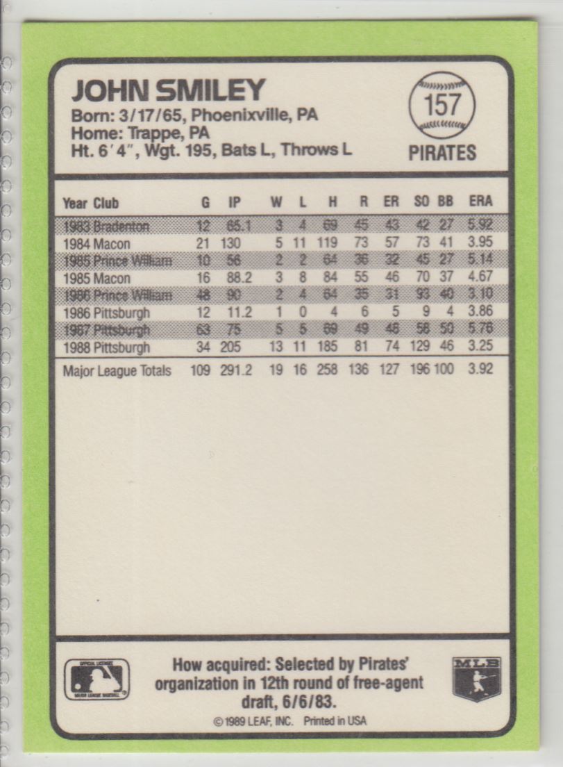 1989 Donruss Baseball's Best John Smiley #157 card back image