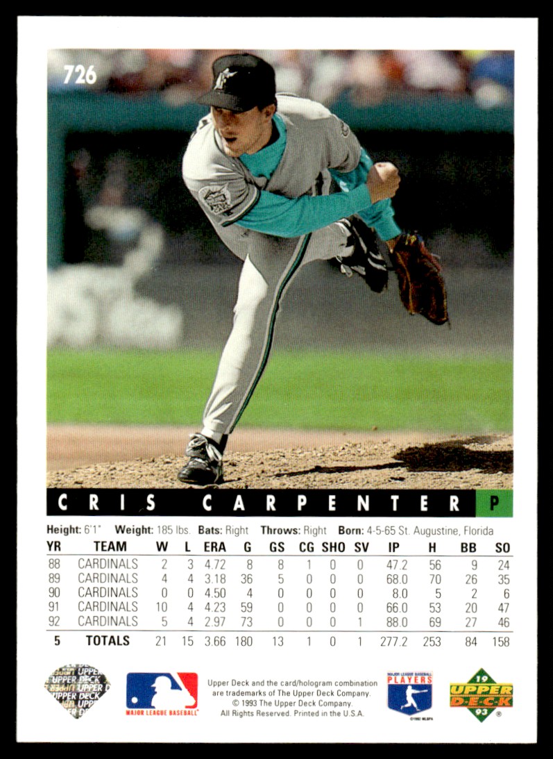 1993 Upper Deck Cris Carpenter #726 card back image
