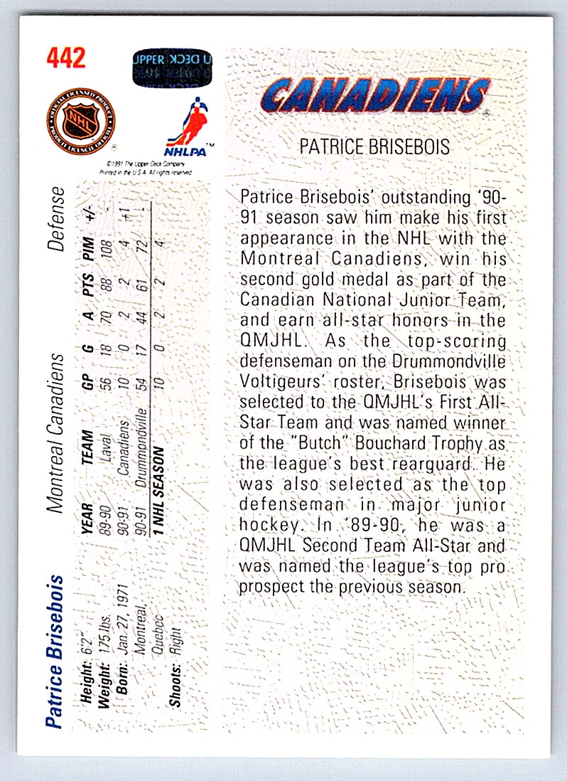 1991-92 Upper Deck Star Rookies Patrice Brisebois #442 card back image