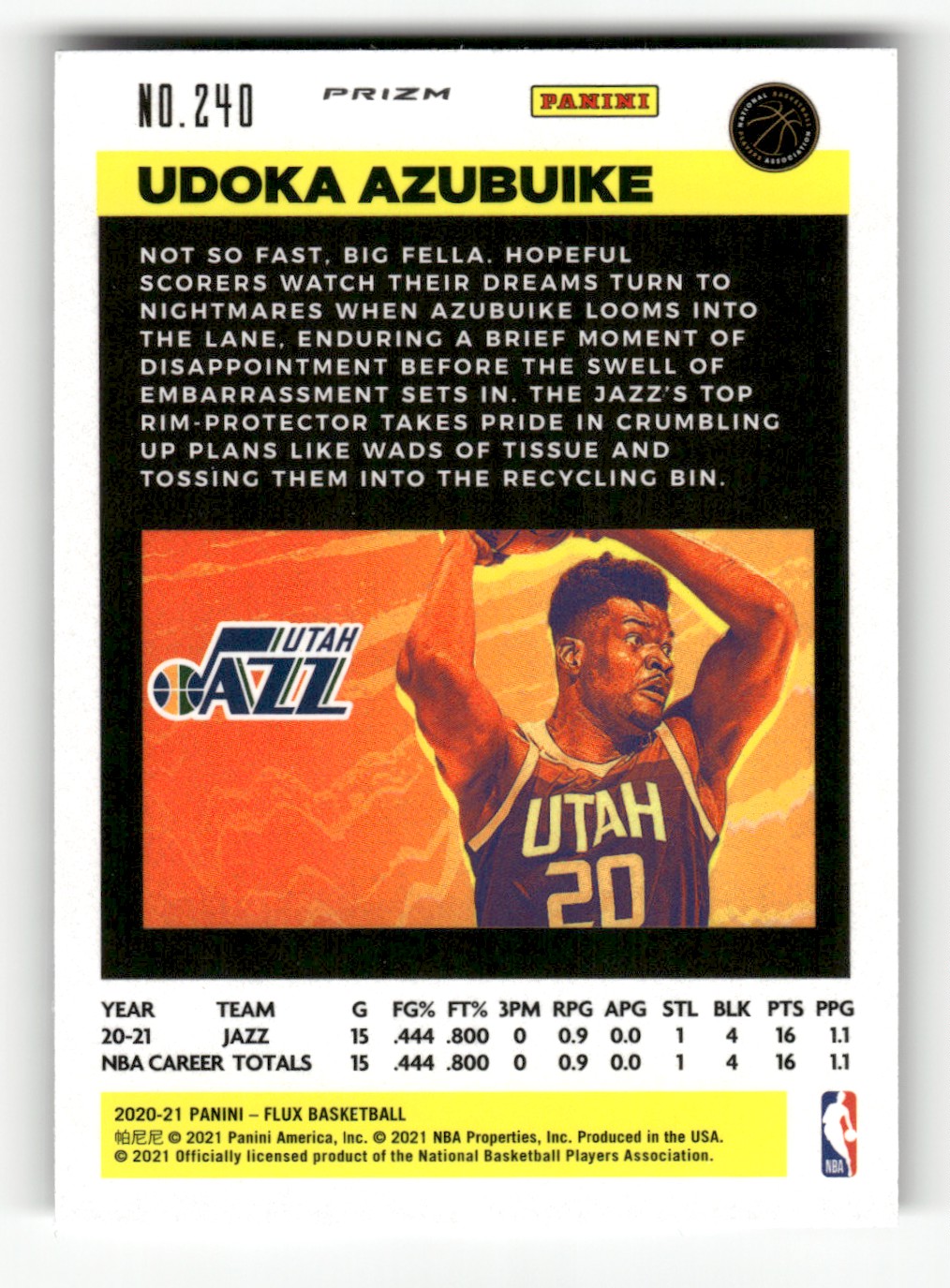 2020-21 Panini Flux Pulsar Udoka Azubuike #240 card back image