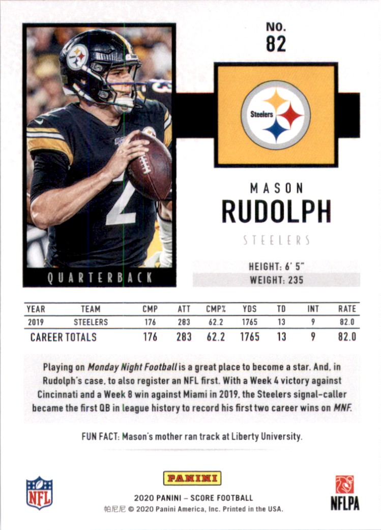 2020 Score Mason Rudolph #82 card back image
