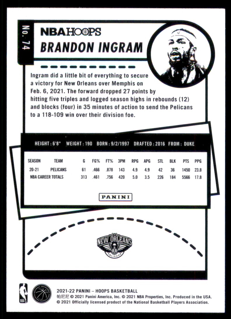 2021-22 Hoops Brandon Ingram #74 card back image