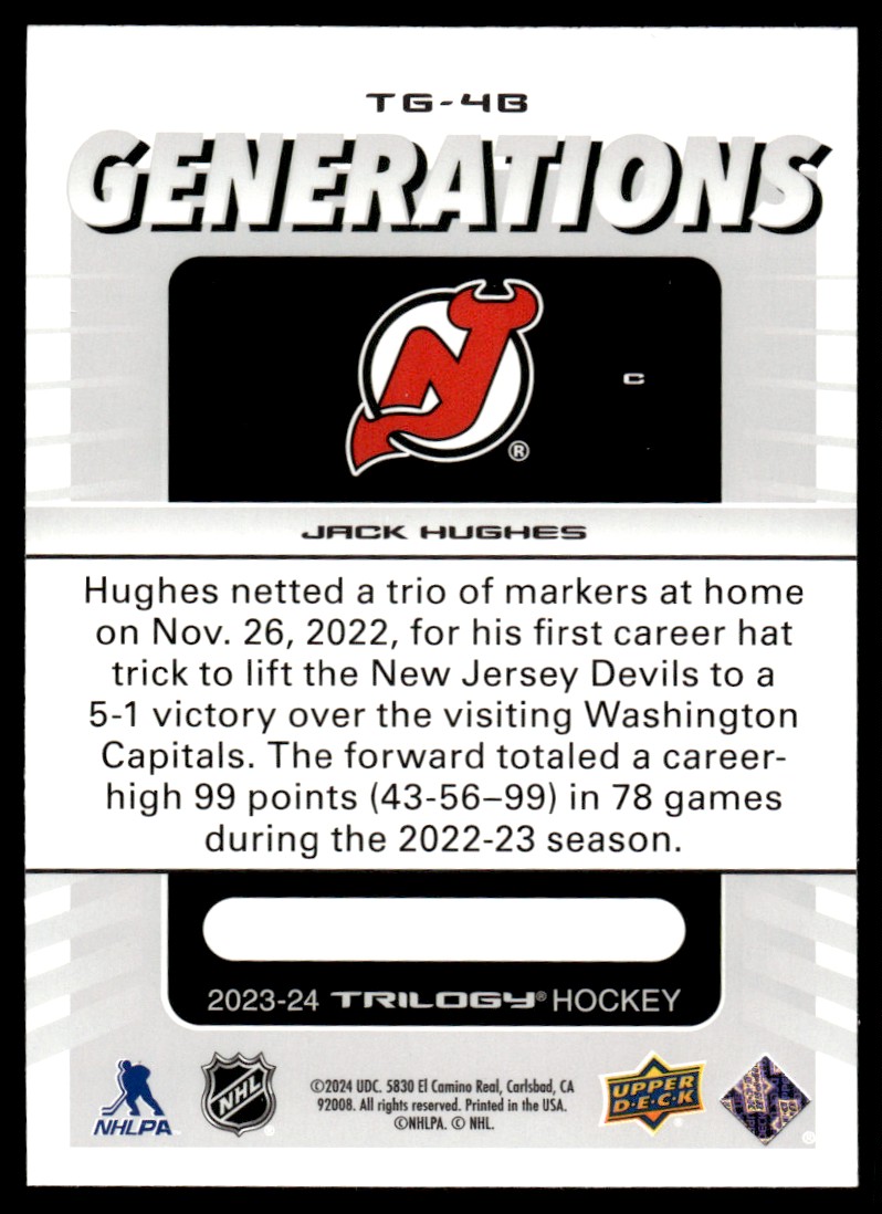 2023-24 Upper Deck Trilogy Generations Jack Hughes #TG-4B card back image