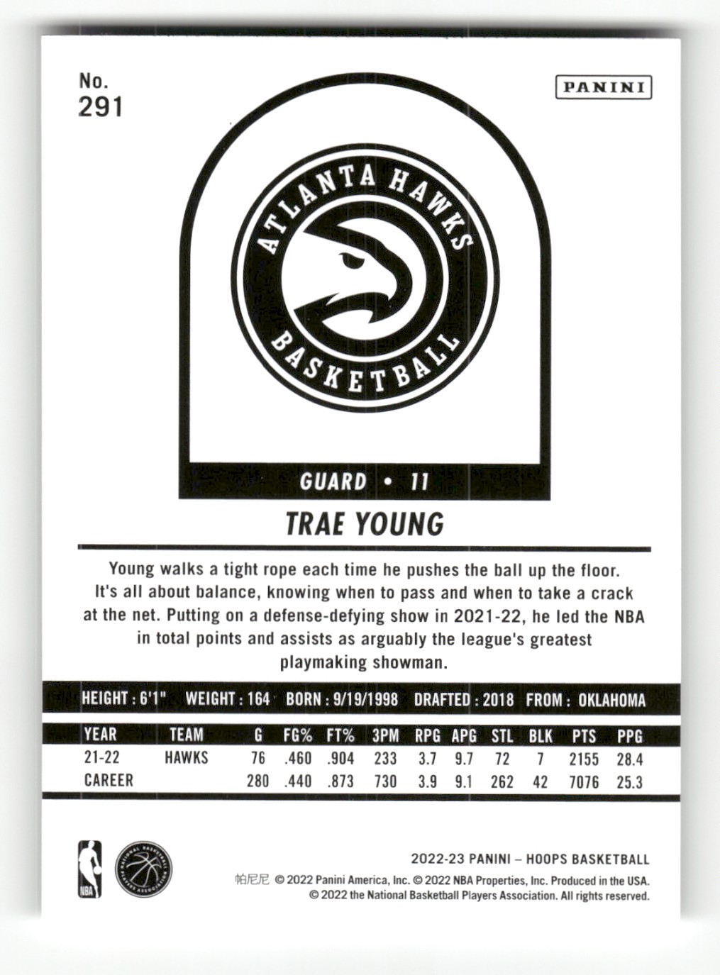 2022-23 Hoops Trae Young #291 card back image