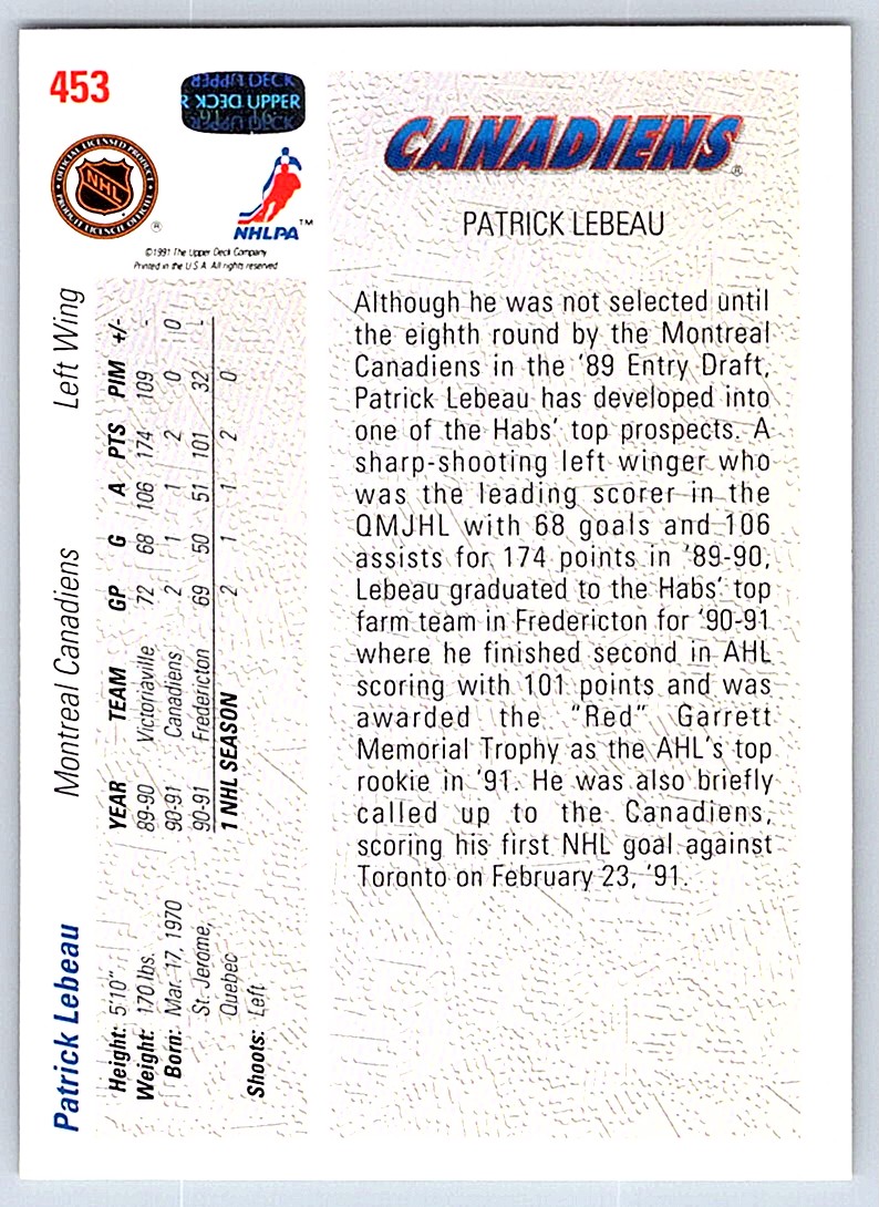 1991-92 Upper Deck Star Rookies Patrick Lebeau #453 card back image