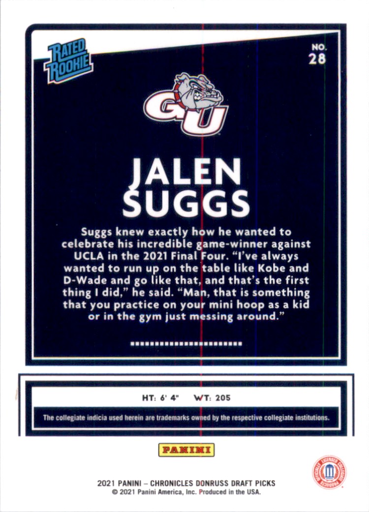 2021-22 Panini Chronicles Draft Picks Jalen Suggs/Donruss #28 card back image