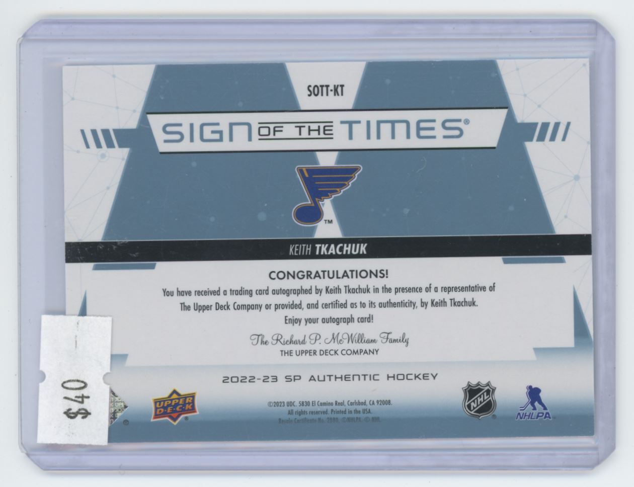 2022-23 SP Authentic Sign of the Times Autograph Keith Tkachuk
