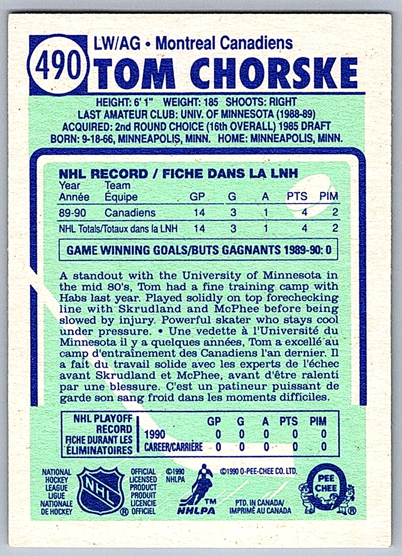 1990-91 O-Pee-Chee Tom Chorske #490 card back image