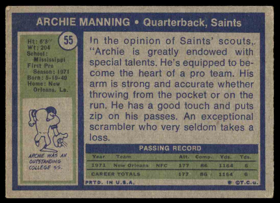 1972 Topps Archie Manning RC #55 card back image