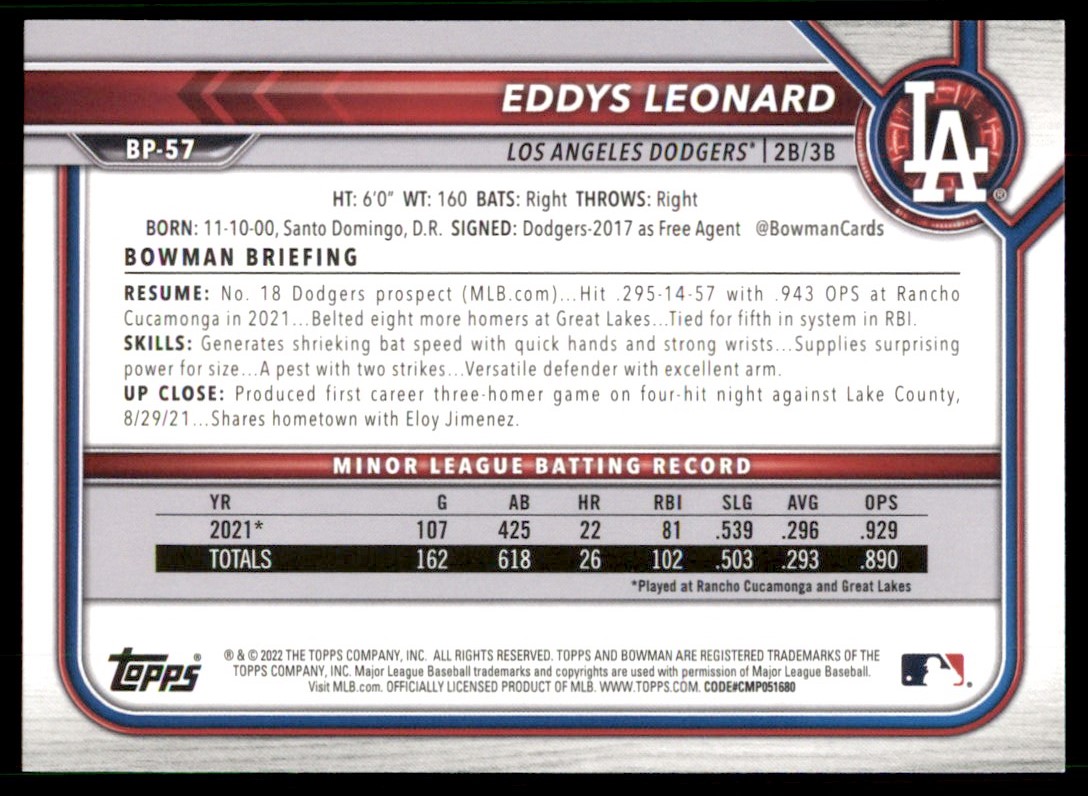 Eddys Leonard 2022 Bowman Prospects Rookie 1st Card #BP-57 Los