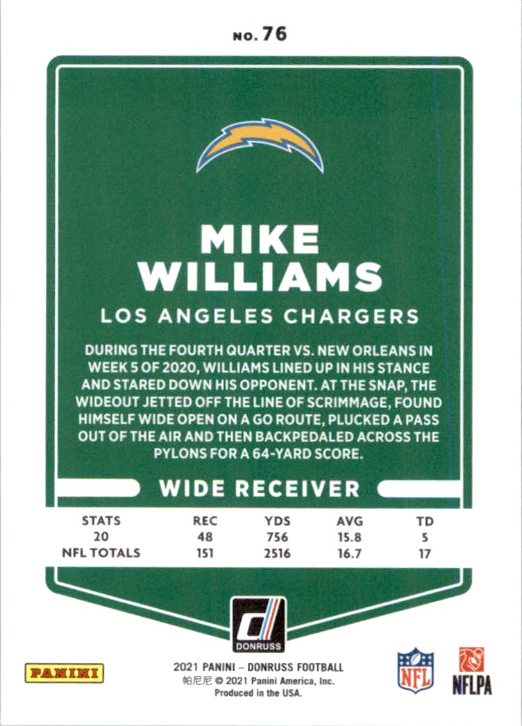 2021 Panini NFL Press Proof Gold Holo Chargers Mike Williams #76 card back image