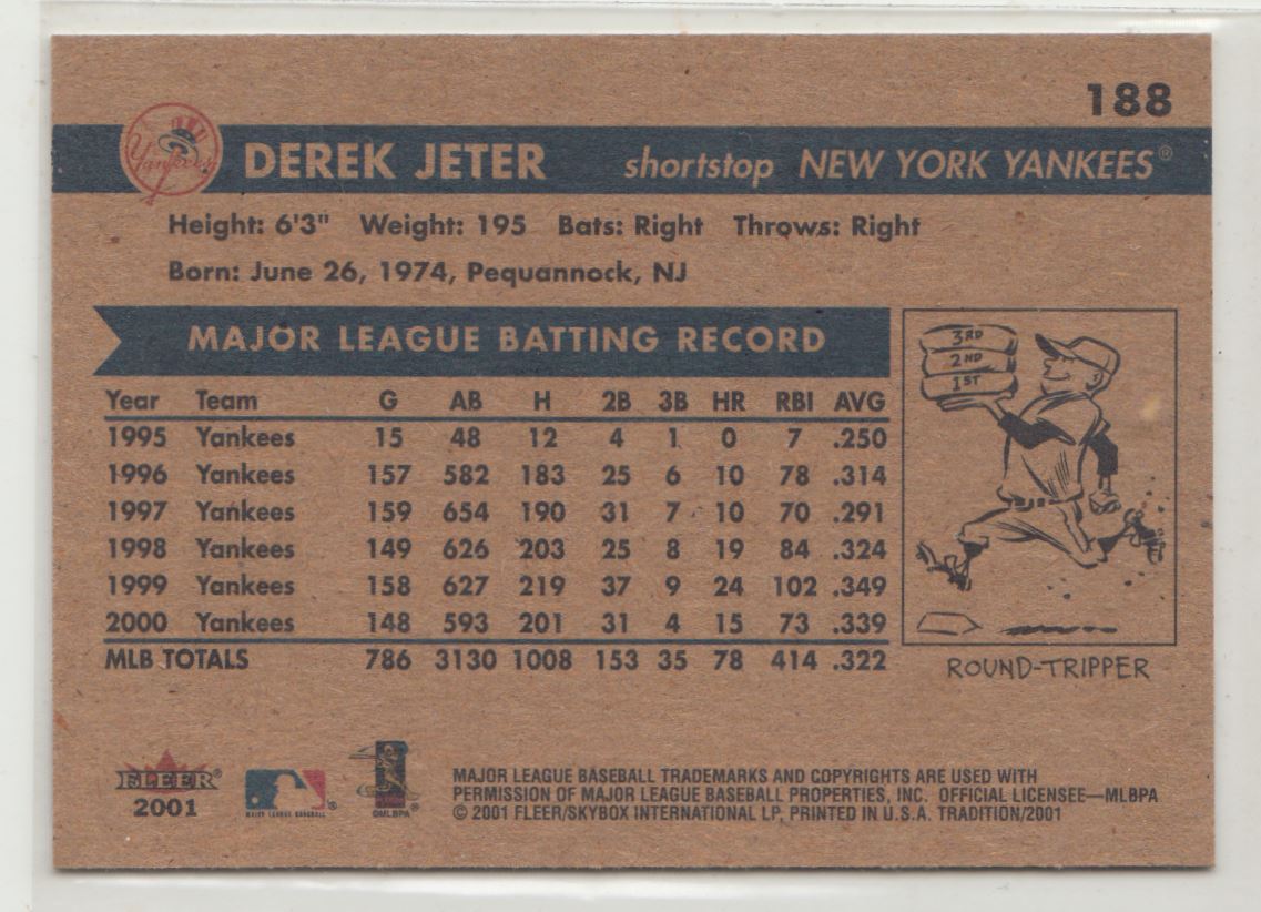 2001 Fleer Tradition Derek Jeter #188 card back image