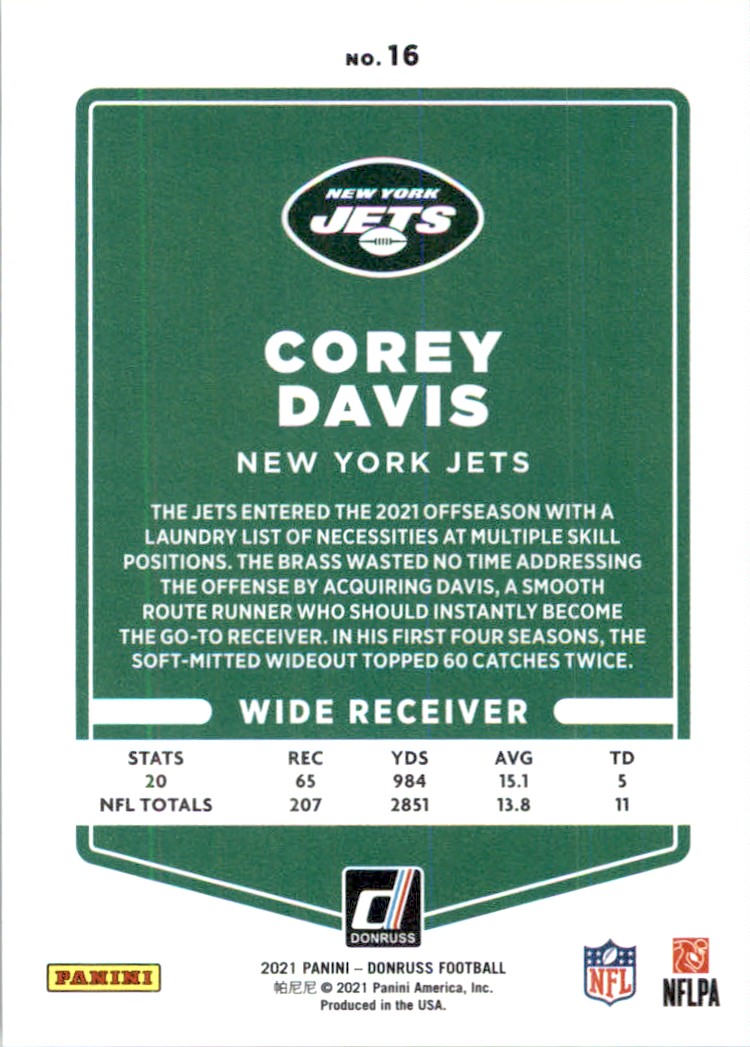 2021 Panini NFL Donruss Press Proof Gold Holo Premium Stock Corey Davis #16 card back image