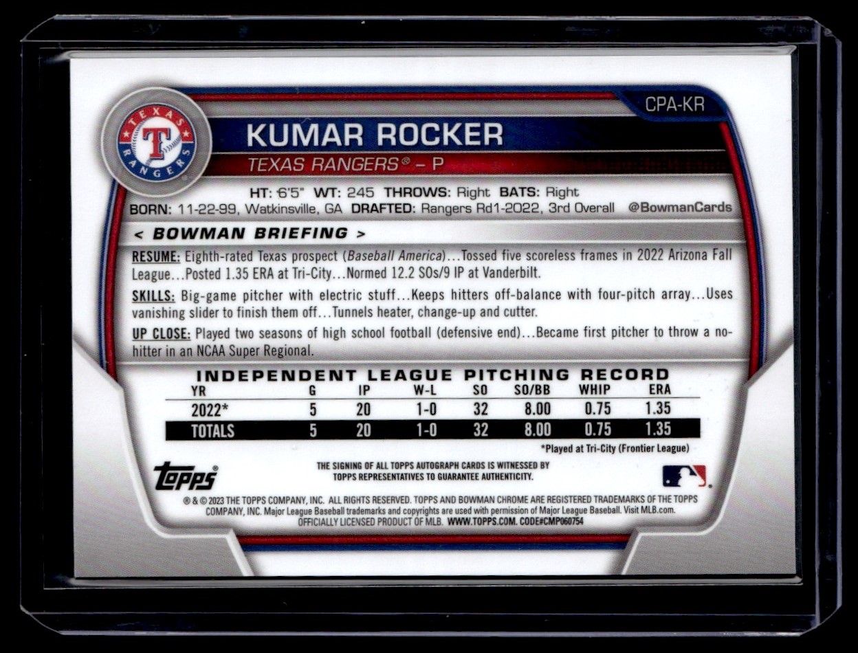 2023 Bowman Chrome Prospect Autographs Kumar Rocker #CPA-KR card back image