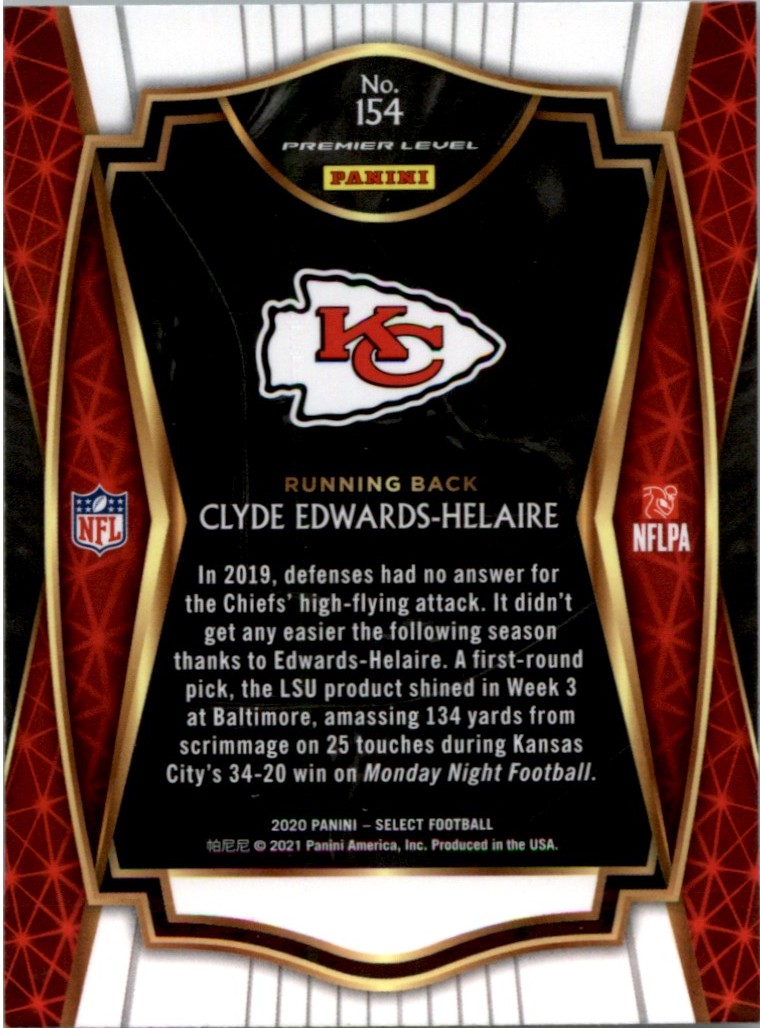 2020 Panini Select Die-Cut Prizm Maroon Clyde Edwards-Helaire #154 card back image