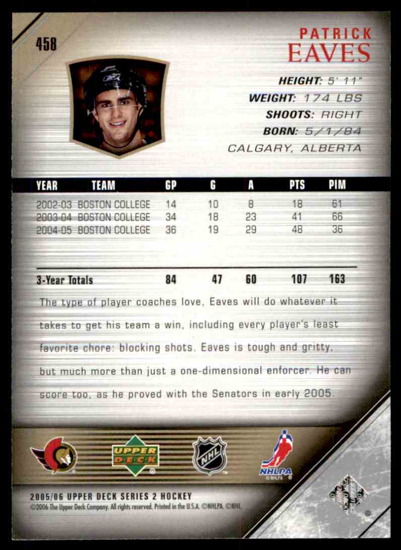 2005-06 Upper Deck Young Guns Patrick Eaves #458 card back image