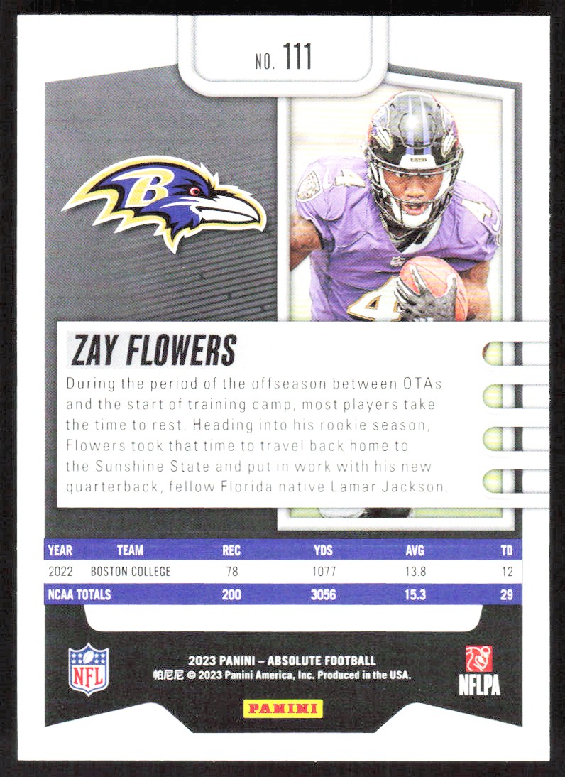 2023 2978C Panini Absolute Zay Flowers Rookie Baltimore Ravens