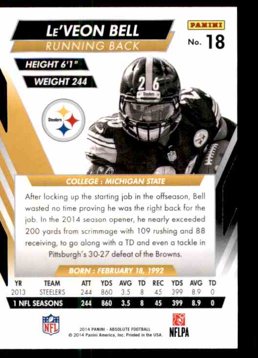 2014 Absolute Retail Football Cards Le'Veon Bell #18 card back image