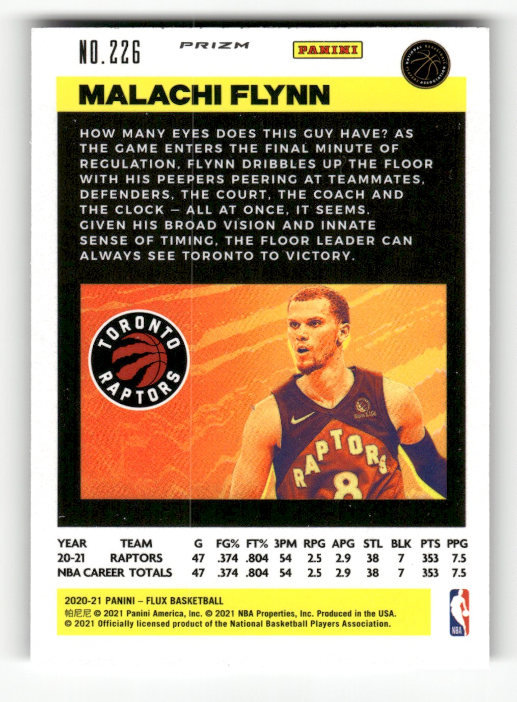 2020-21 Panini Flux Pulsar Malachi Flynn #226 card back image