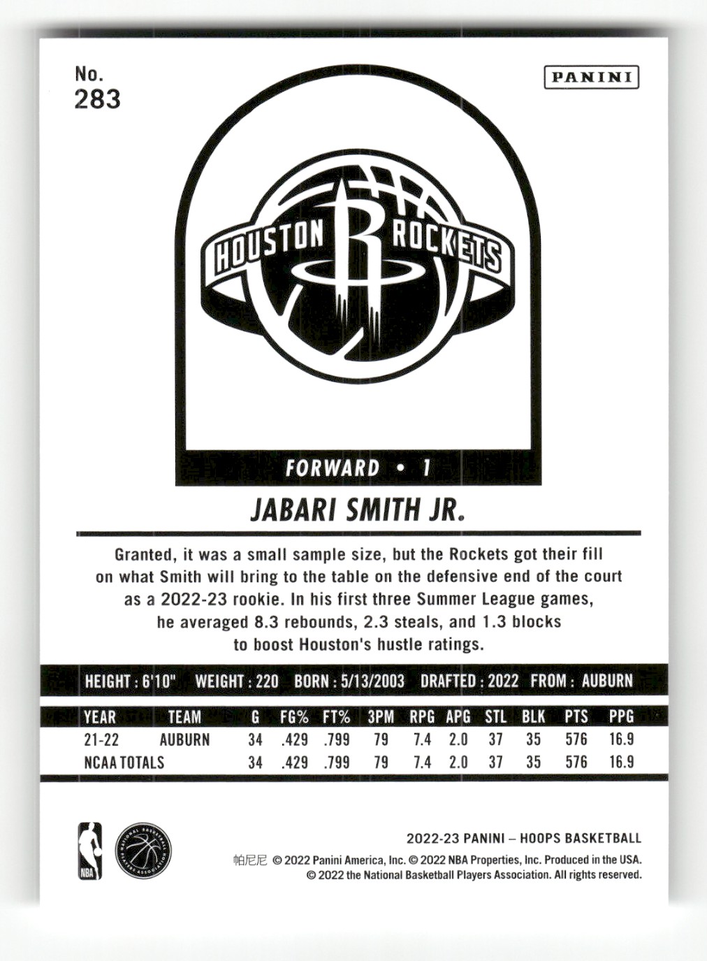 2022-23 Hoops Jabari Smith Jr. #283 card back image