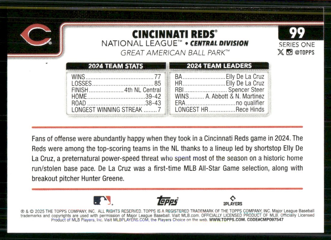 2025 Topps Cincinnati Reds #99 card back image
