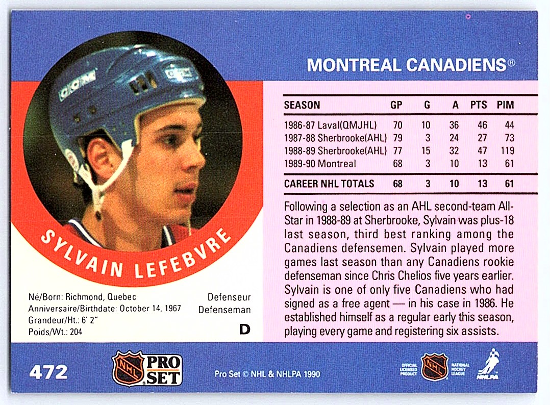 1990-91 Pro Set Sylvain Lefebvre #472 card back image