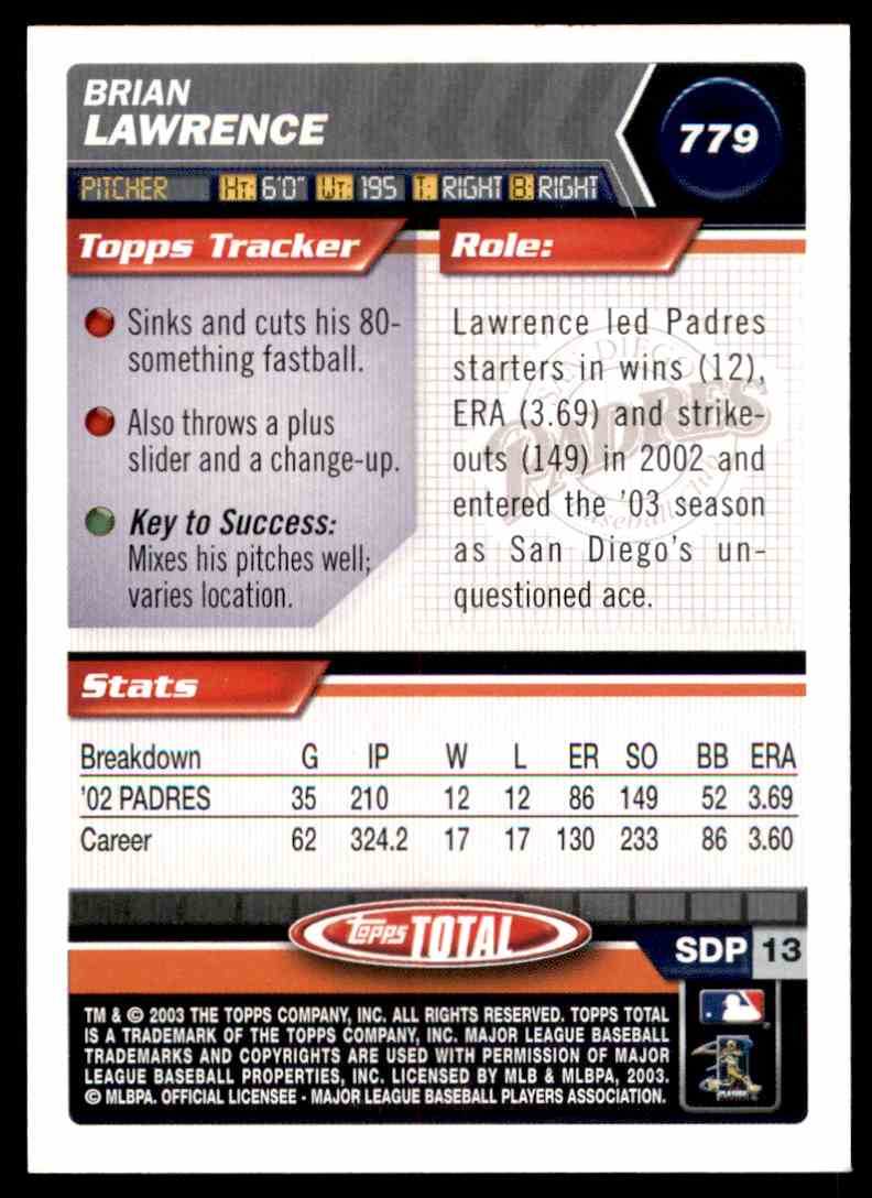 2003 Topps Total Brian Lawrence #779 card back image