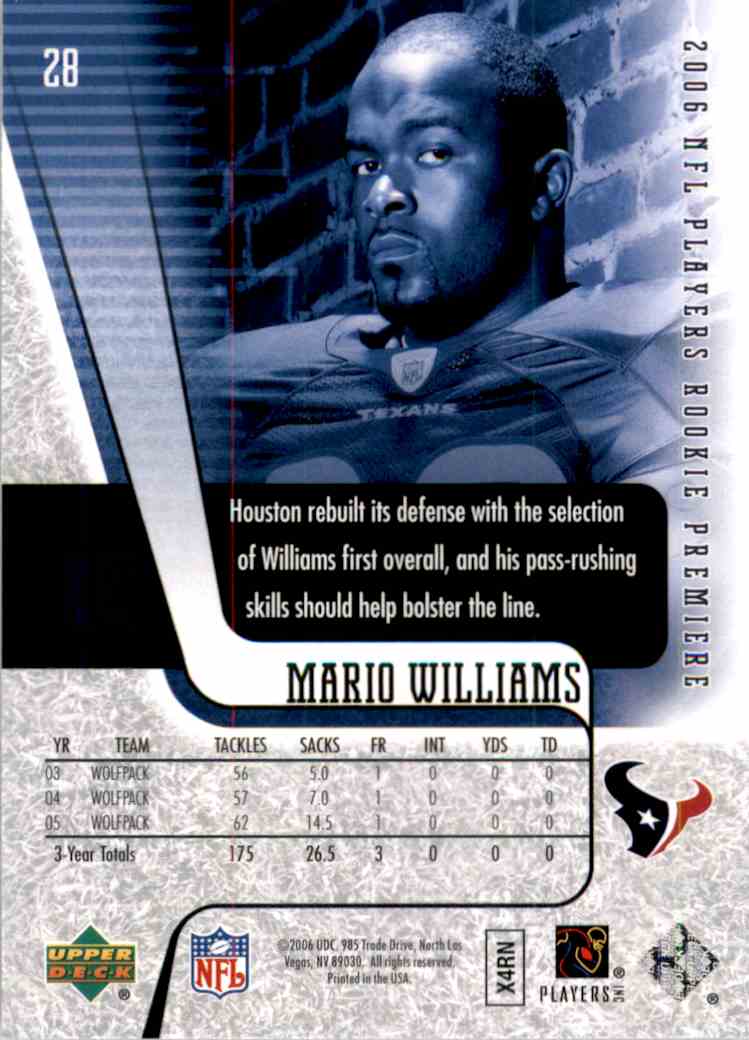 2006 Upper Deck Rookie Premiere Mario Williams #28 card back image