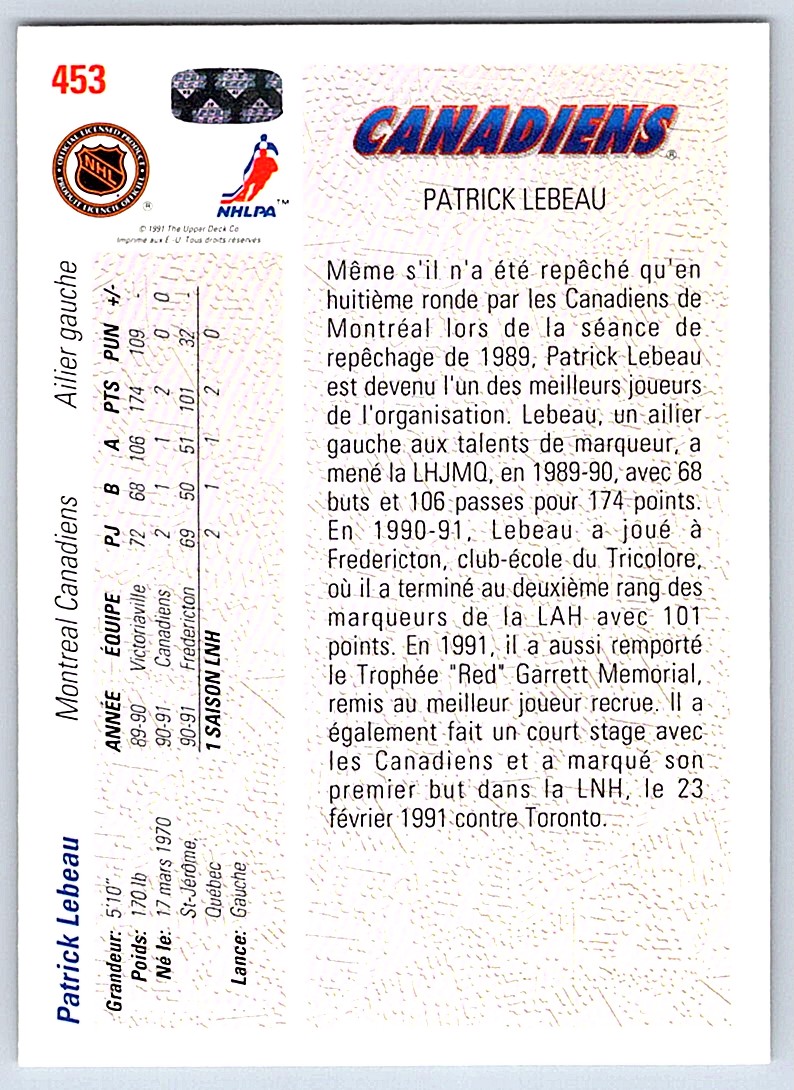 1991-92 Upper Deck Stars Rookies Patrick Lebeau #453 card back image