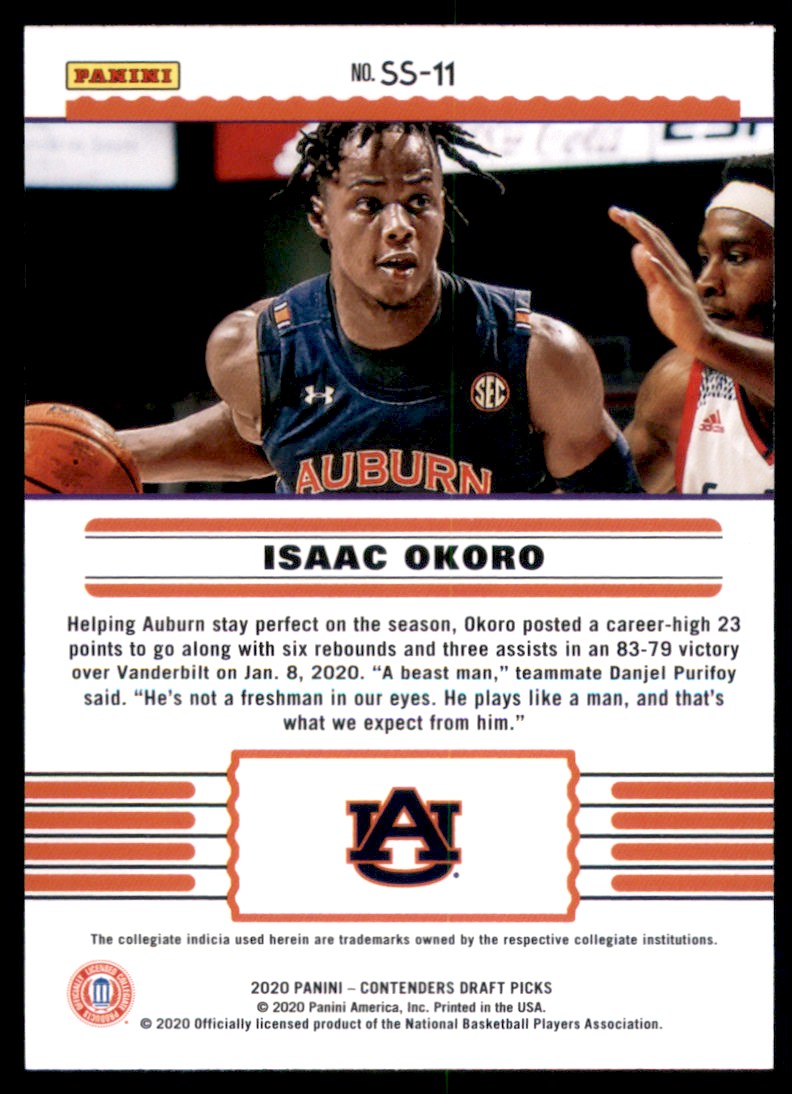 2020-21 Panini Contenders Draft Picks Front-Row Seats Isaac Okoro #SS11 card back image