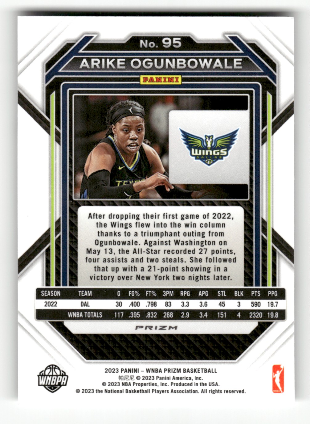 2023-24 Panini Prizm WNBA Hyper Prizm Arike Ogunbowale #95 card back image