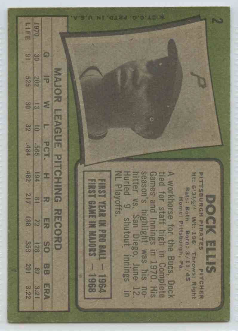 1971 Topps EX Dock Ellis #2 card back image