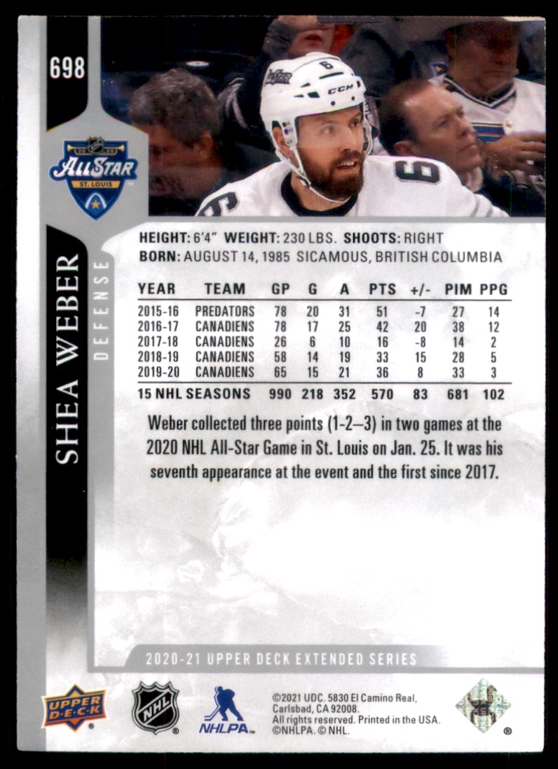 2020-21 Upper Deck Hockey Card Shea Weber AS #698 card back image