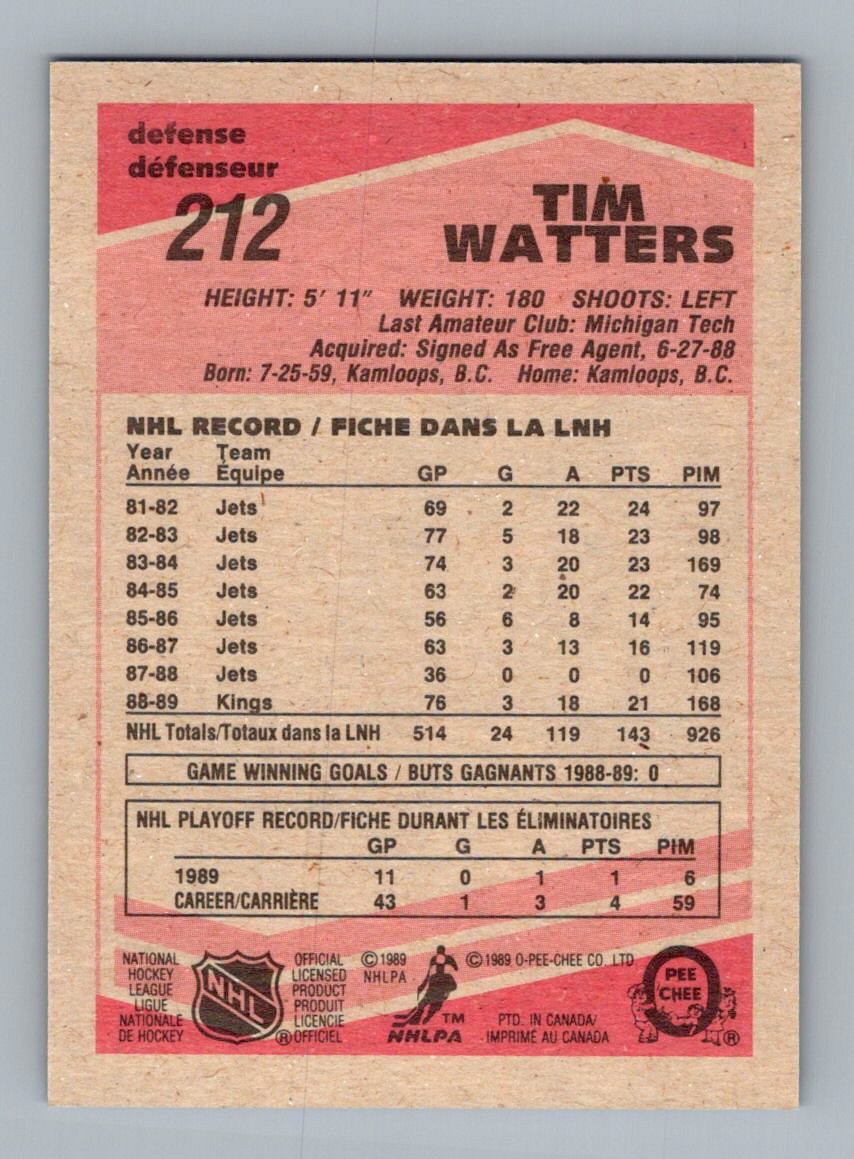 1989-90 O-Pee-Chee Tim Watters #212 card back image