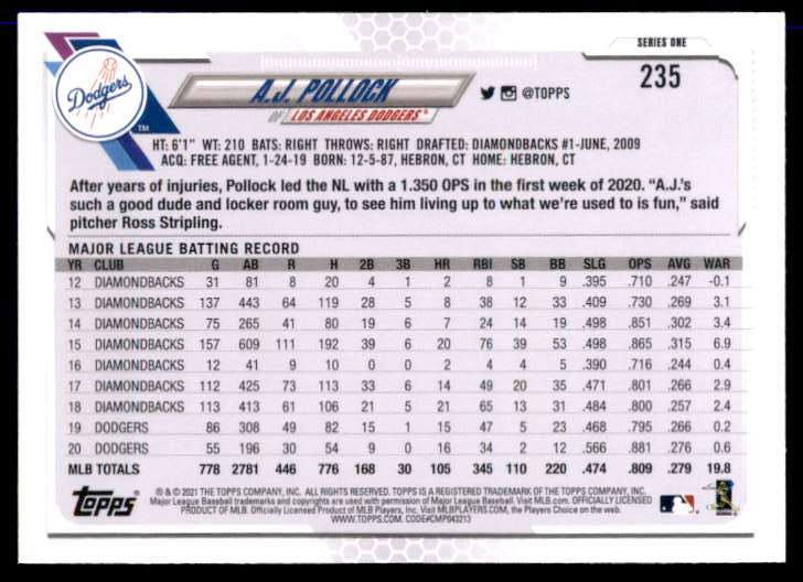 2021 Topps A.J. Pollock #235 card back image
