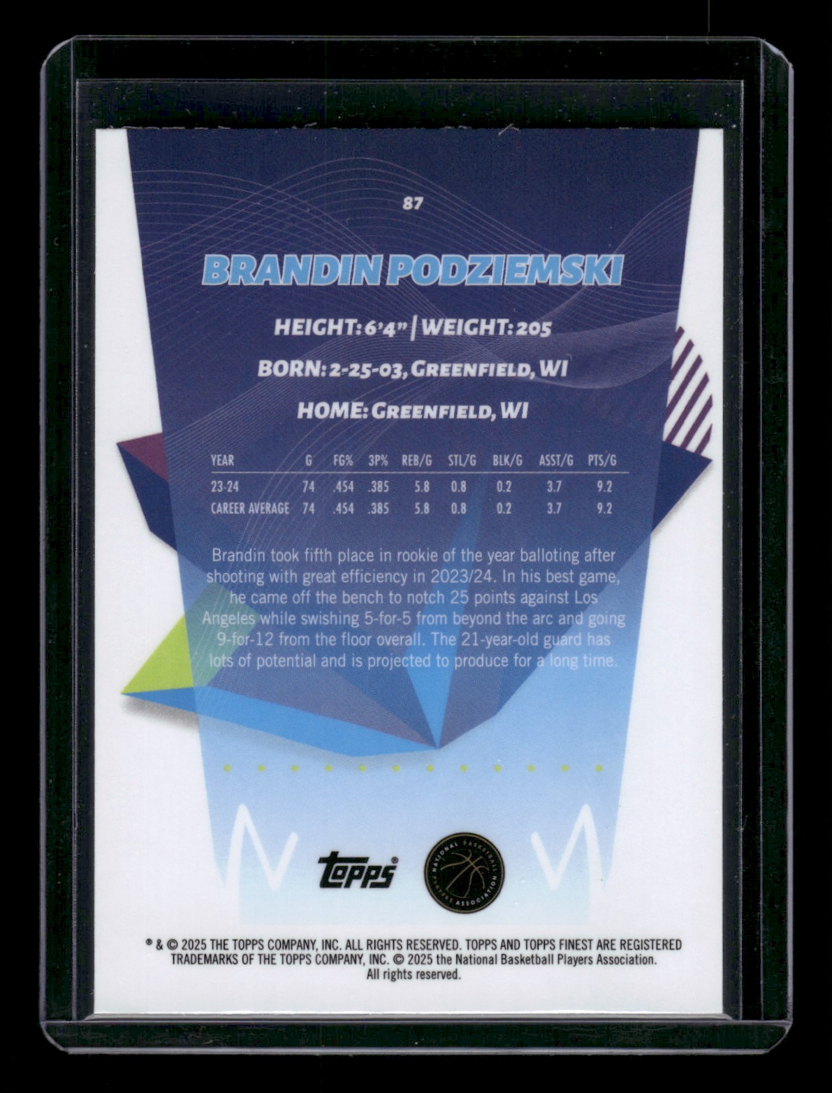 2024-25 Topps Finest BRANDIN PODZIEMSKI #87 card back image